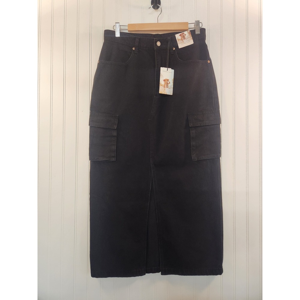 NEW Sincerely Jules Womens Black Denim Cargo Maxi Skirt Front Slit 32x35 Size 11
